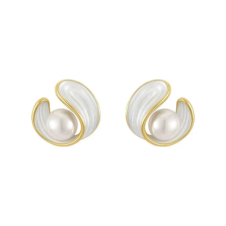 Gold Pearl and White Enamel Stud Earrings