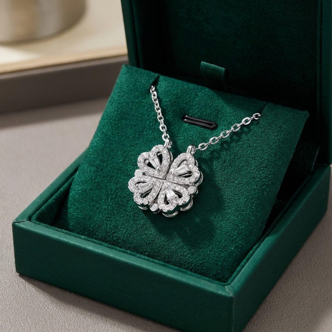 Golden Clover Necklace with Zircon Heart Pendant