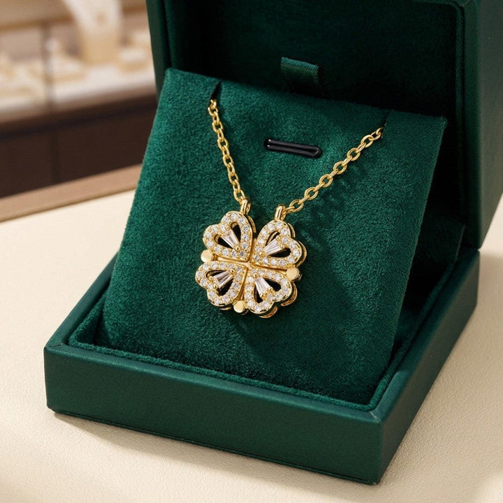 Golden Clover Necklace with Zircon Heart Pendant
