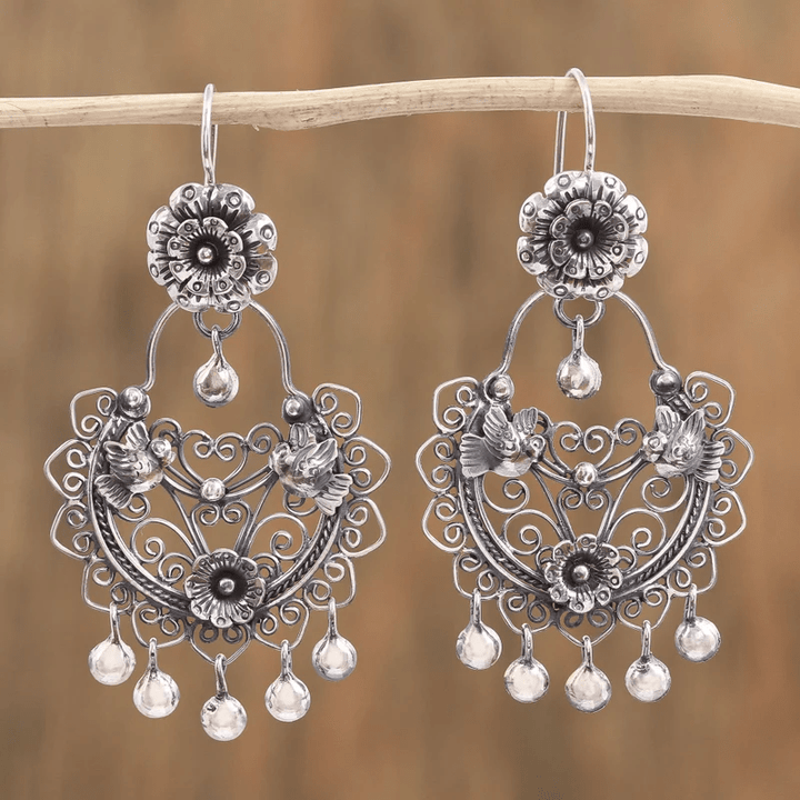 Retro Floral Bird Tassel Earrings