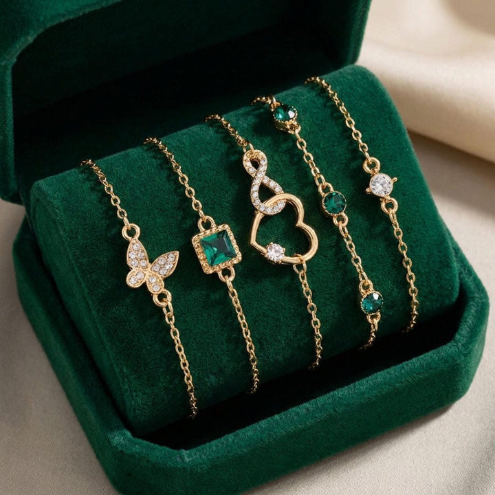 Hollow Heart Bracelet Set with Green Crystal Stone