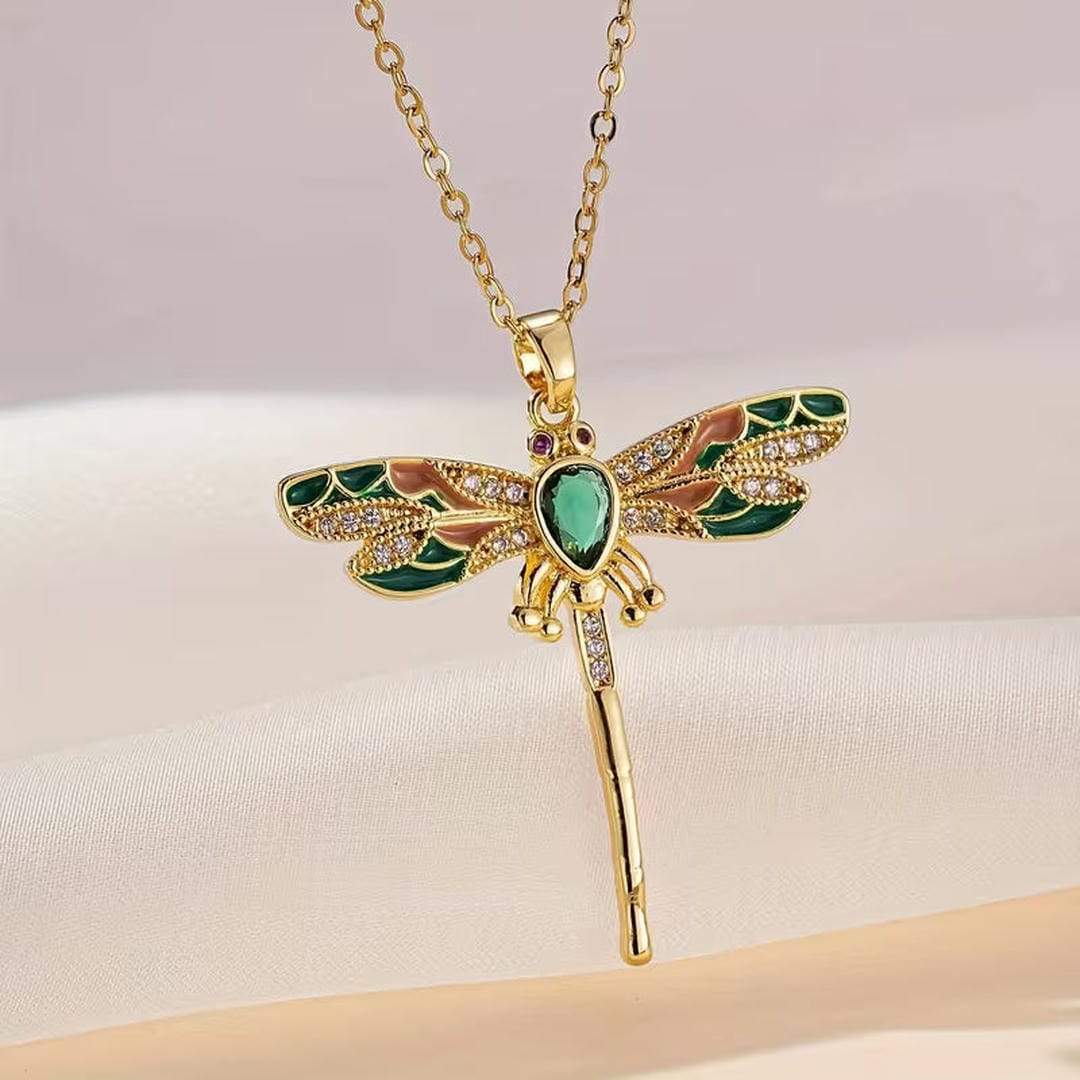 Elegant Emerald Dragonfly Necklace