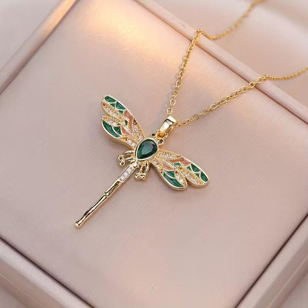 Elegant Emerald Dragonfly Necklace