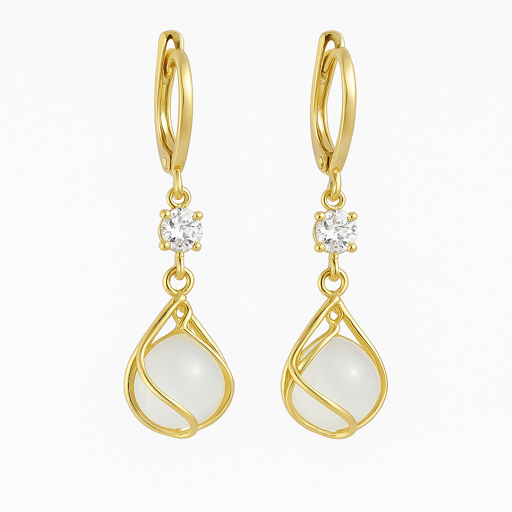 Gold Wire-Wrapped White Opal Drop Earrings