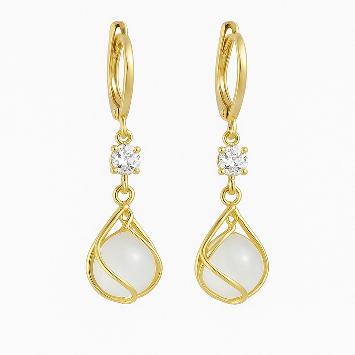Gold Wire-Wrapped White Opal Drop Earrings