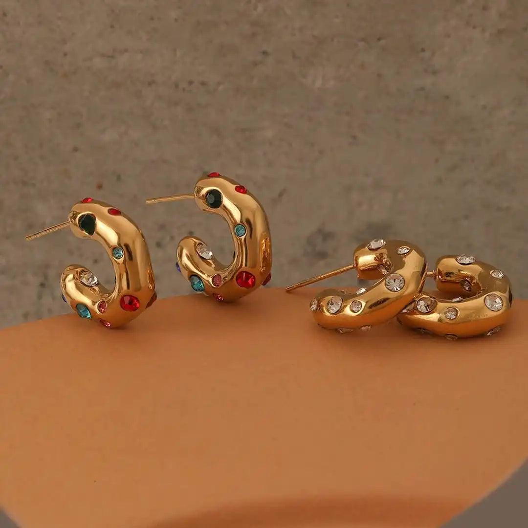 Shimmering Round Gold Zircon Hoop Earrings