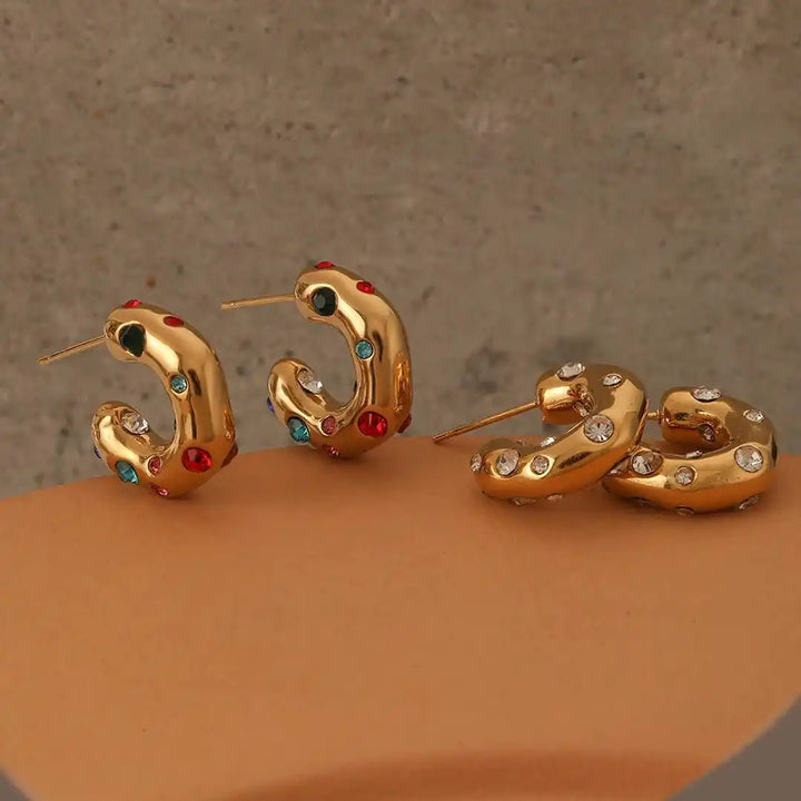 Shimmering Round Gold Zircon Hoop Earrings