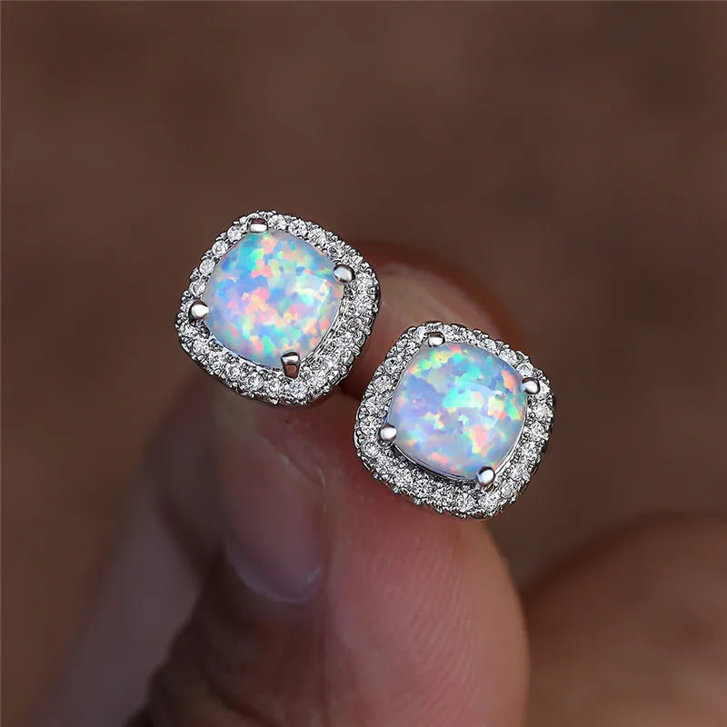 Elegant Round Silver White Fire Opal Stud Earrings