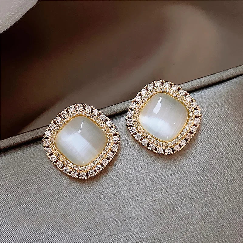 Chic Square Opal and Zirconia Stud Earrings