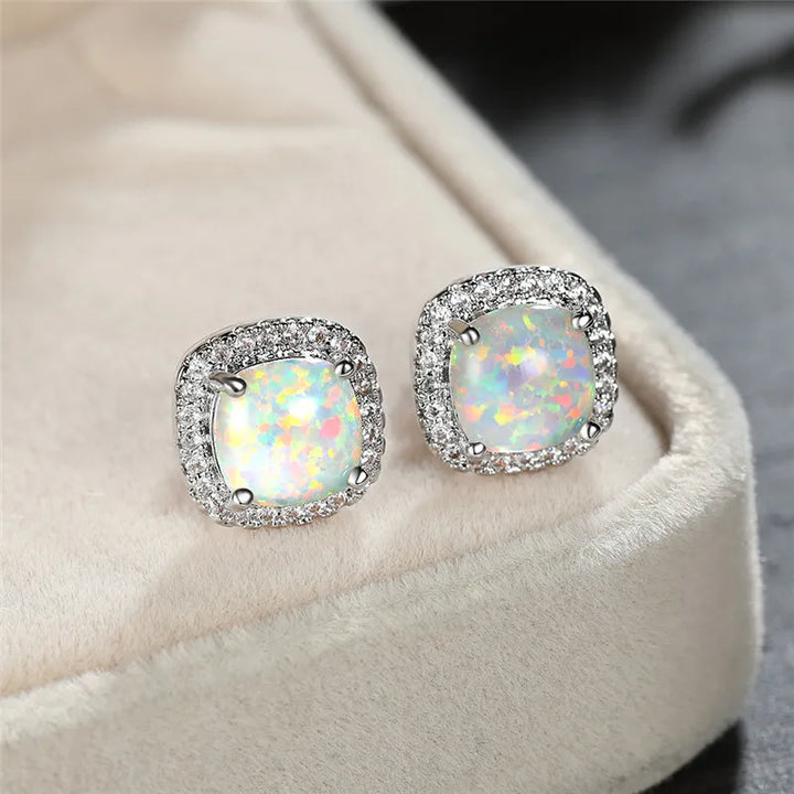 Elegant Round Silver White Fire Opal Stud Earrings