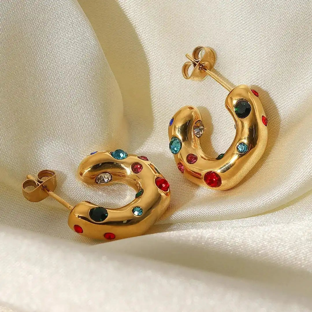 Shimmering Round Gold Zircon Hoop Earrings
