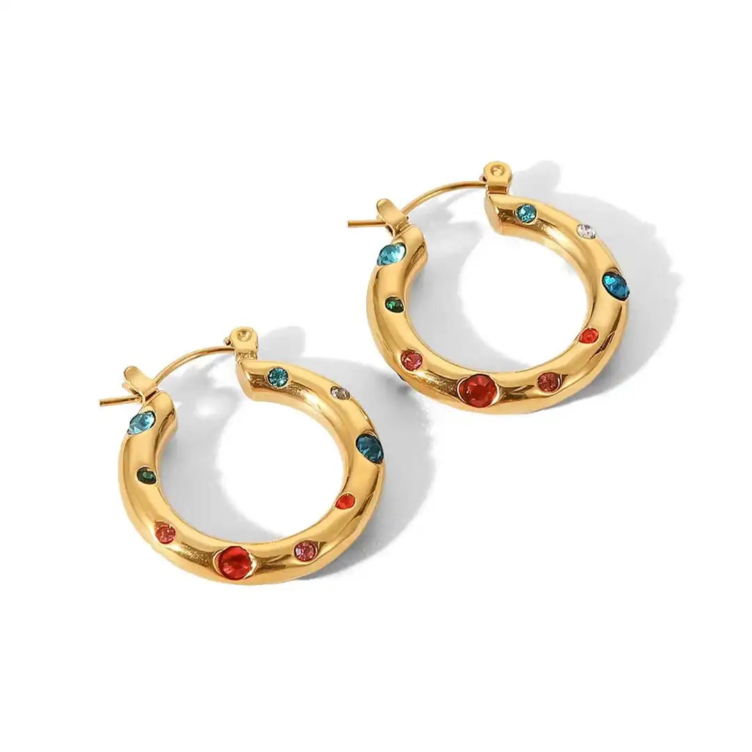 Shimmering Round Gold Zircon Hoop Earrings
