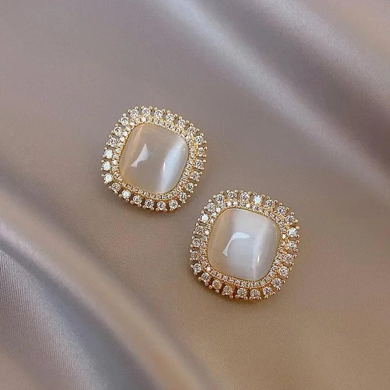 Chic Square Opal and Zirconia Stud Earrings