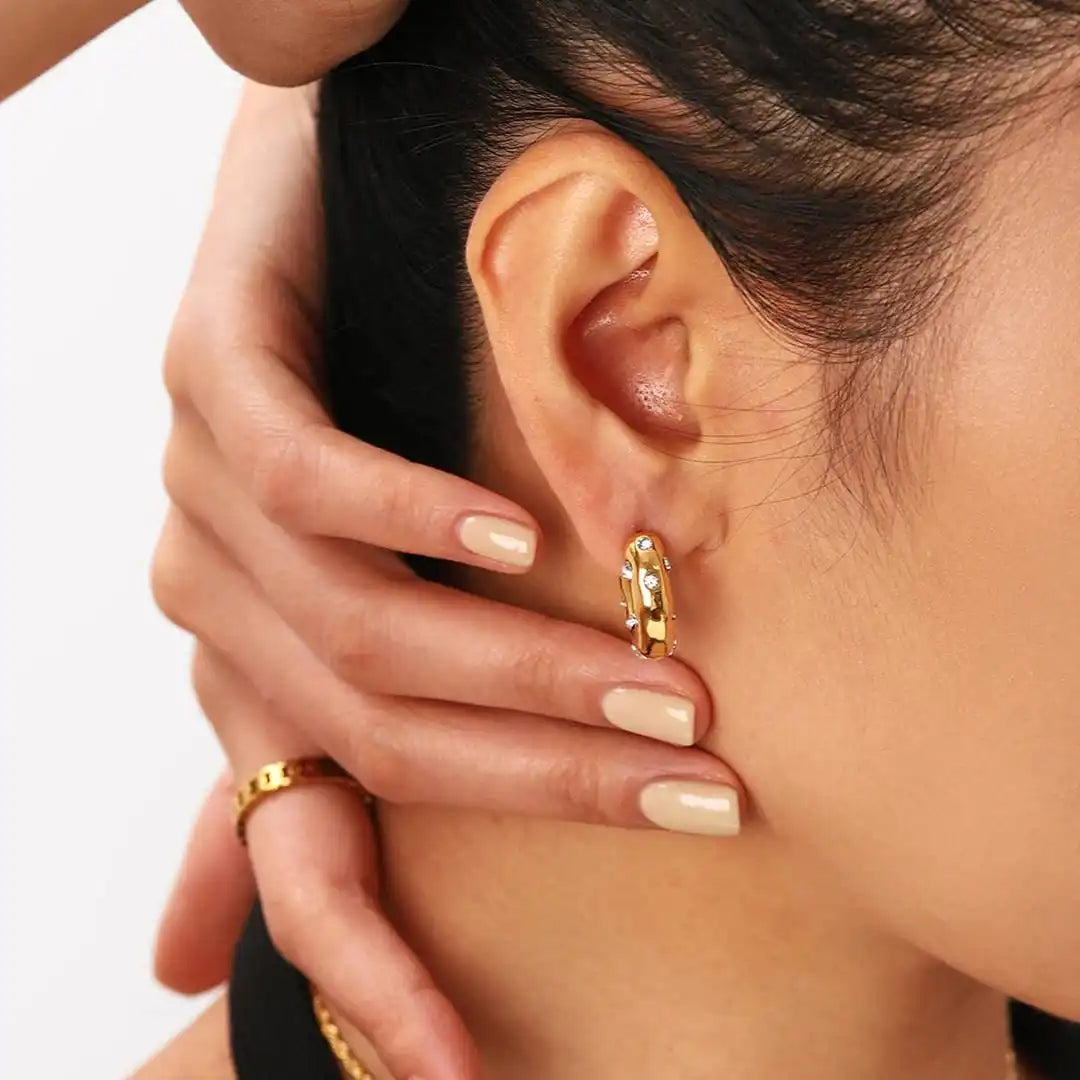 Shimmering Round Gold Zircon Hoop Earrings