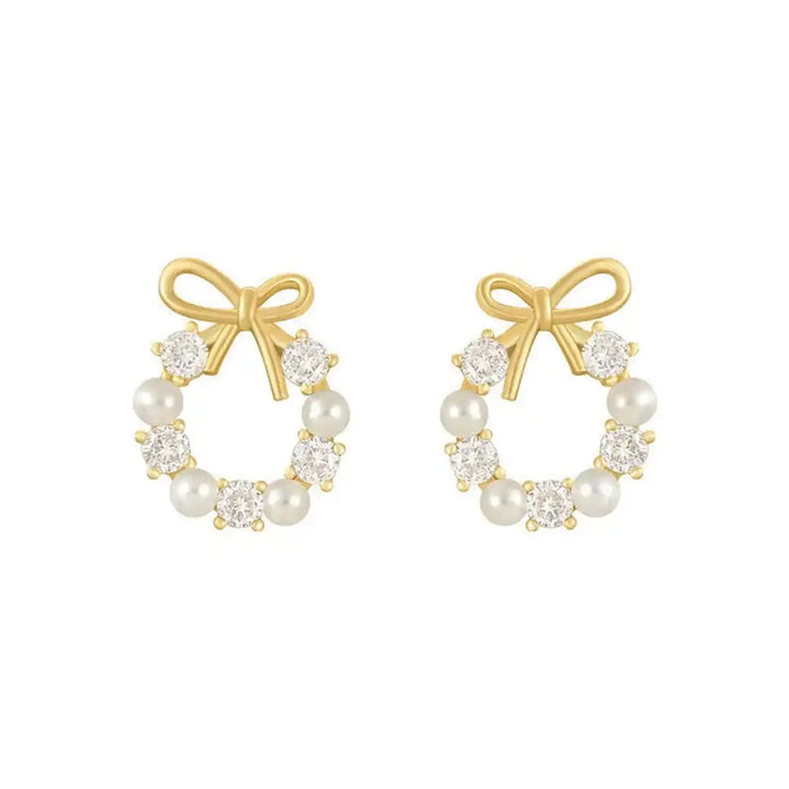 Bow Pearl Circle Stud Earrings