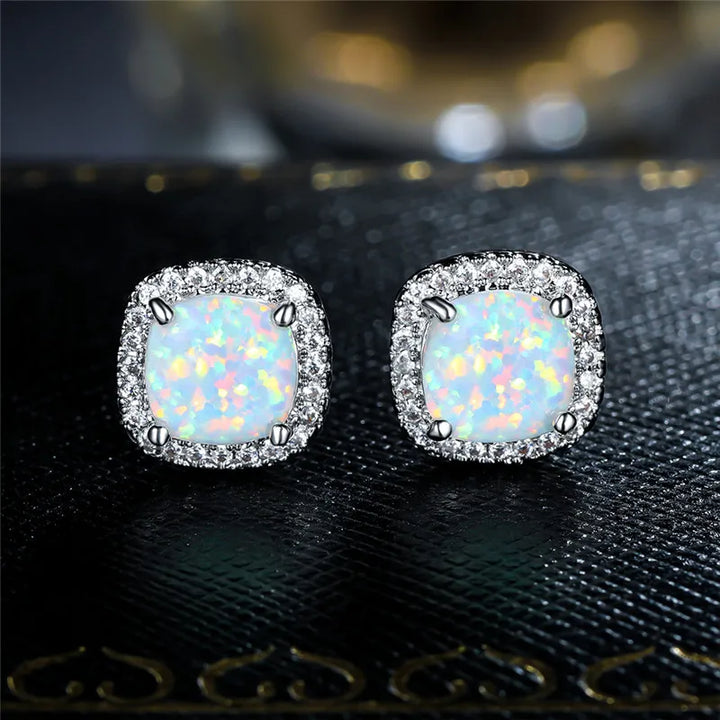 Elegant Round Silver White Fire Opal Stud Earrings