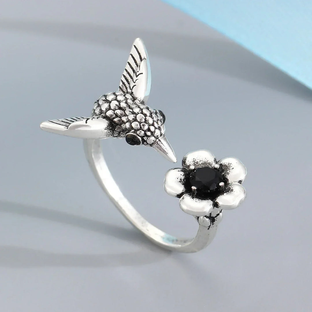Hummingbird & Flower Ring - Adjustable Open Bird Ring for Women