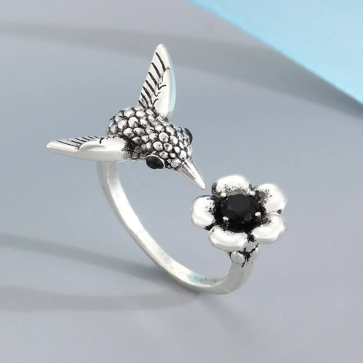 Hummingbird & Flower Ring - Adjustable Open Bird Ring for Women