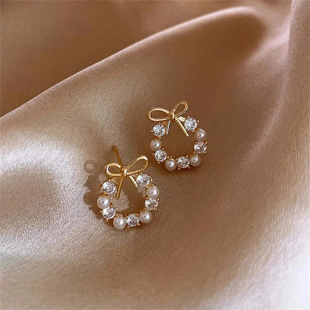 Bow Pearl Circle Stud Earrings