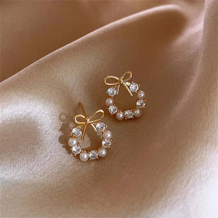 Bow Pearl Circle Stud Earrings