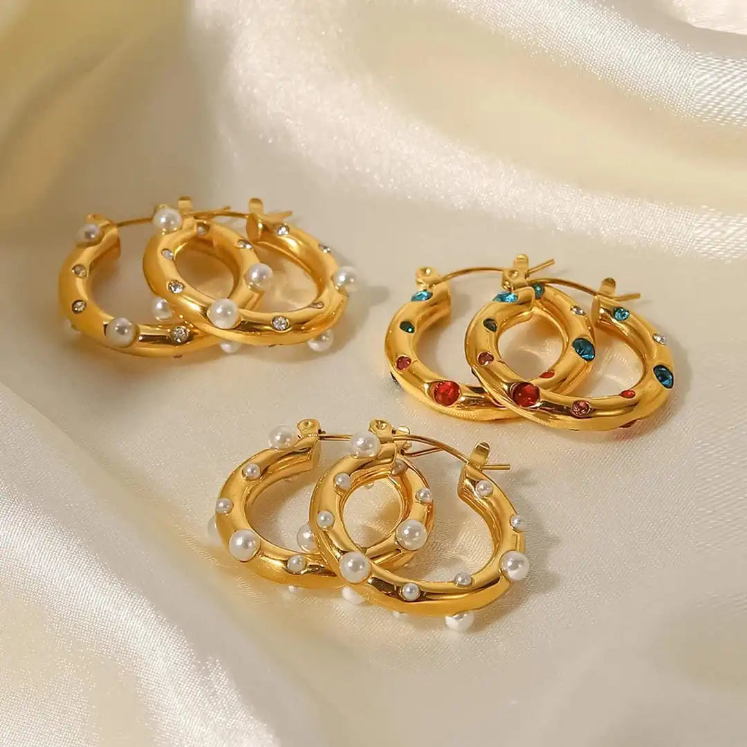 Shimmering Round Gold Zircon Hoop Earrings
