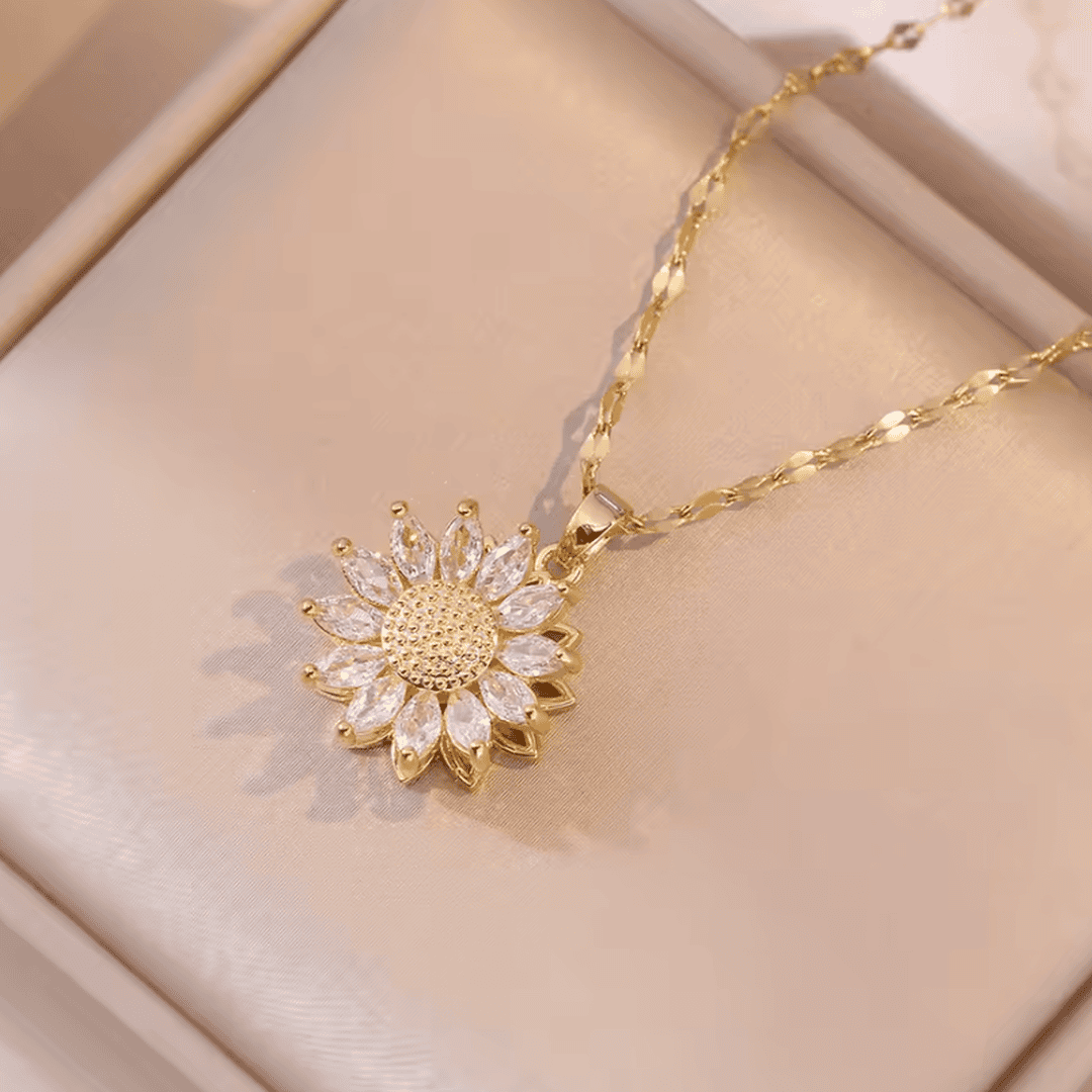 Trendy Silver Sunflower Zircon Necklace and Earrings Set