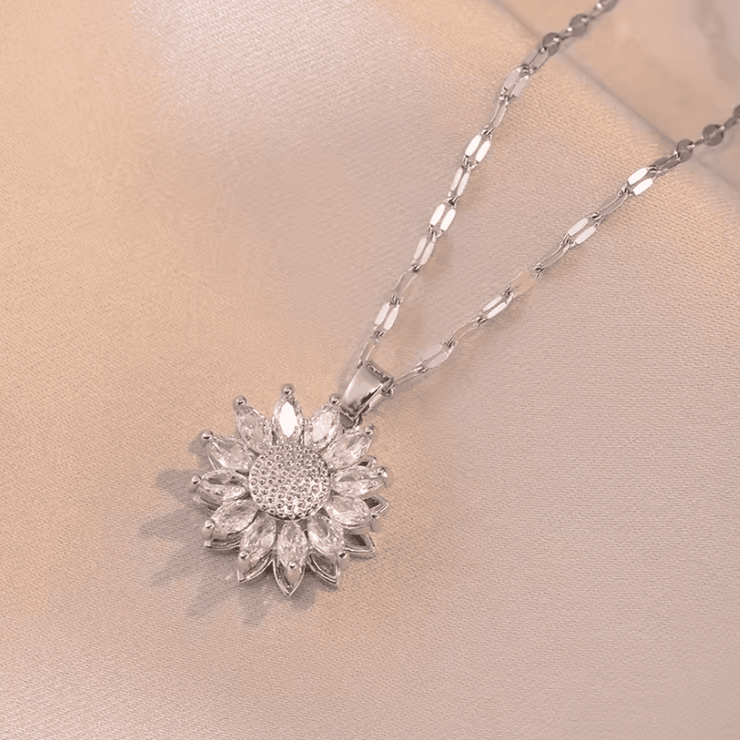 Trendy Silver Sunflower Zircon Necklace and Earrings Set