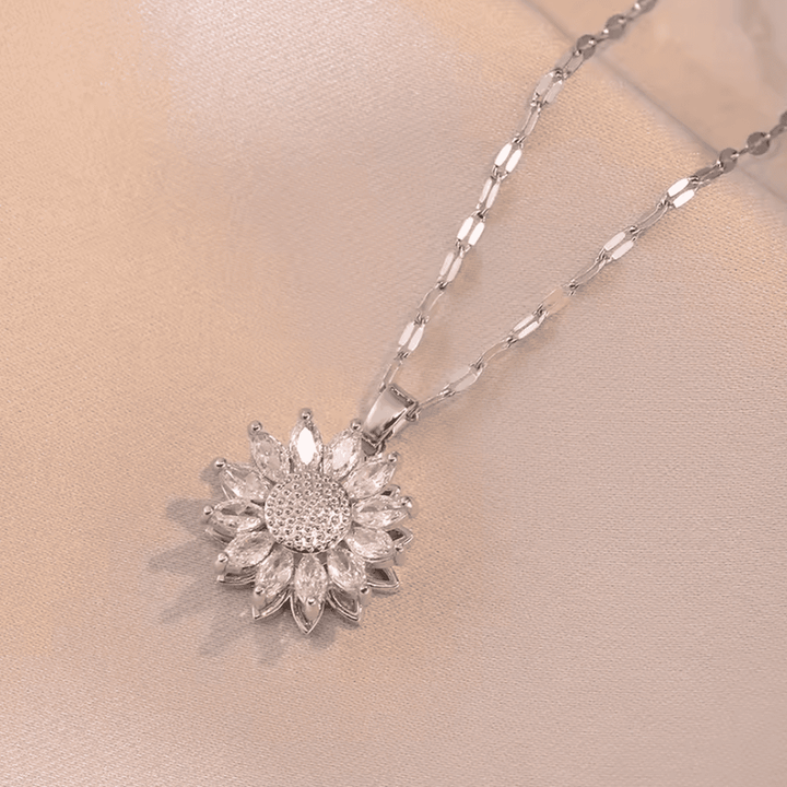 Trendy Silver Sunflower Zircon Necklace and Earrings Set