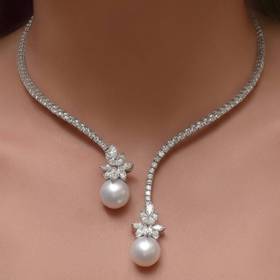 Open-Design Necklace with Round Pearls and Sapphire