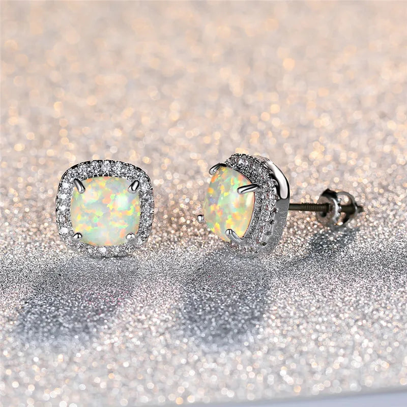 Elegant Round Silver White Fire Opal Stud Earrings