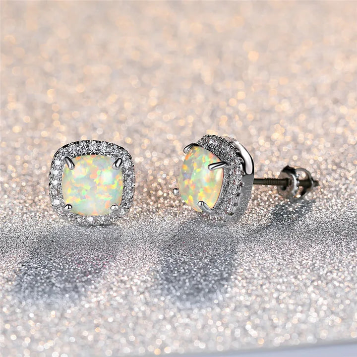 Elegant Round Silver White Fire Opal Stud Earrings