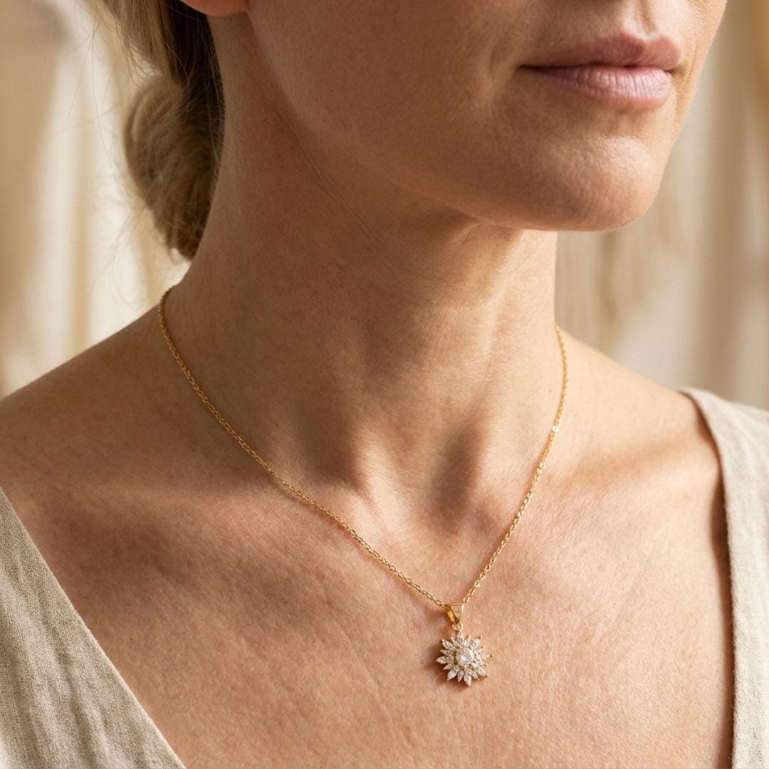 Trendy Silver Sunflower Zircon Necklace and Earrings Set