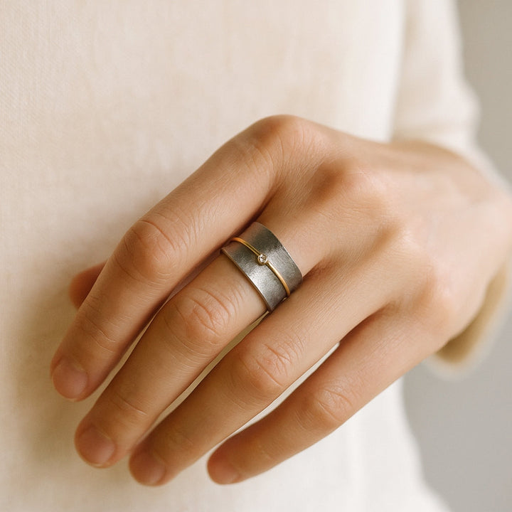 Vintage Silver Ring with Golden Zirconia Line