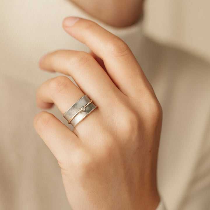 Vintage Silver Ring with Golden Zirconia Line