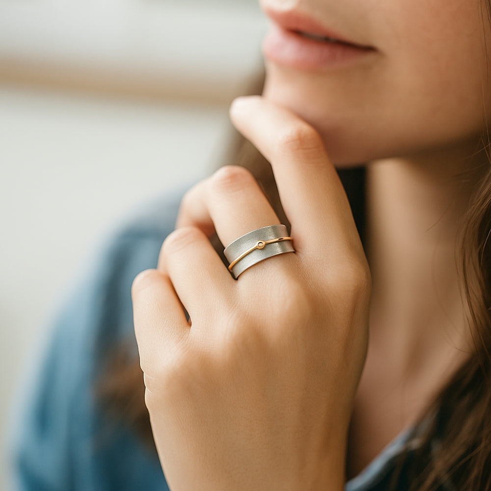 Vintage Silver Ring with Golden Zirconia Line