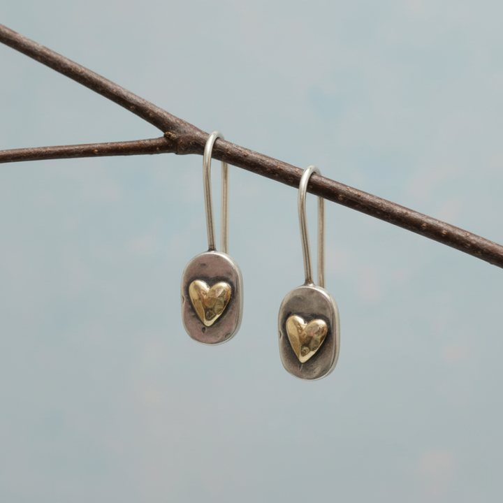 Vintage Earrings with Gold Heart in Silver