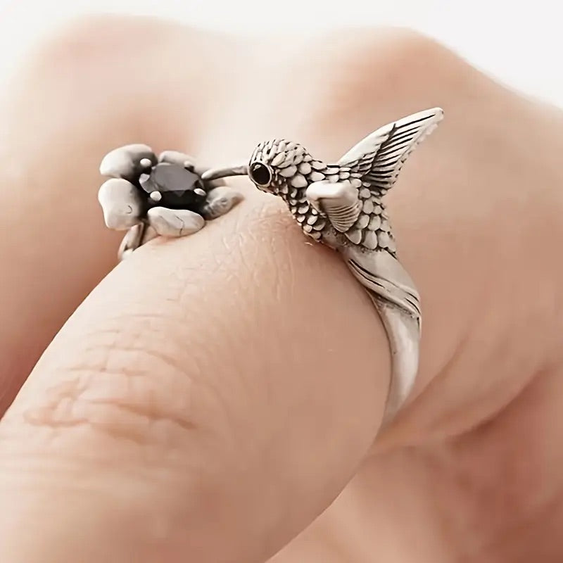 Hummingbird & Flower Ring - Adjustable Open Bird Ring for Women