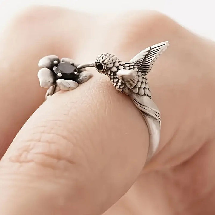 Hummingbird & Flower Ring - Adjustable Open Bird Ring for Women