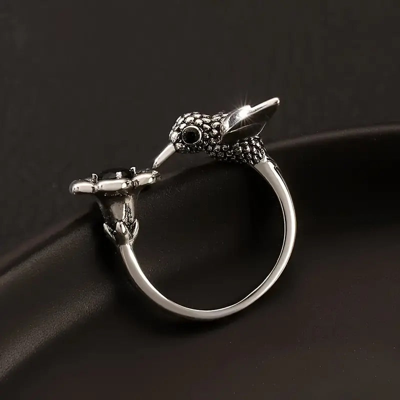 Hummingbird & Flower Ring - Adjustable Open Bird Ring for Women
