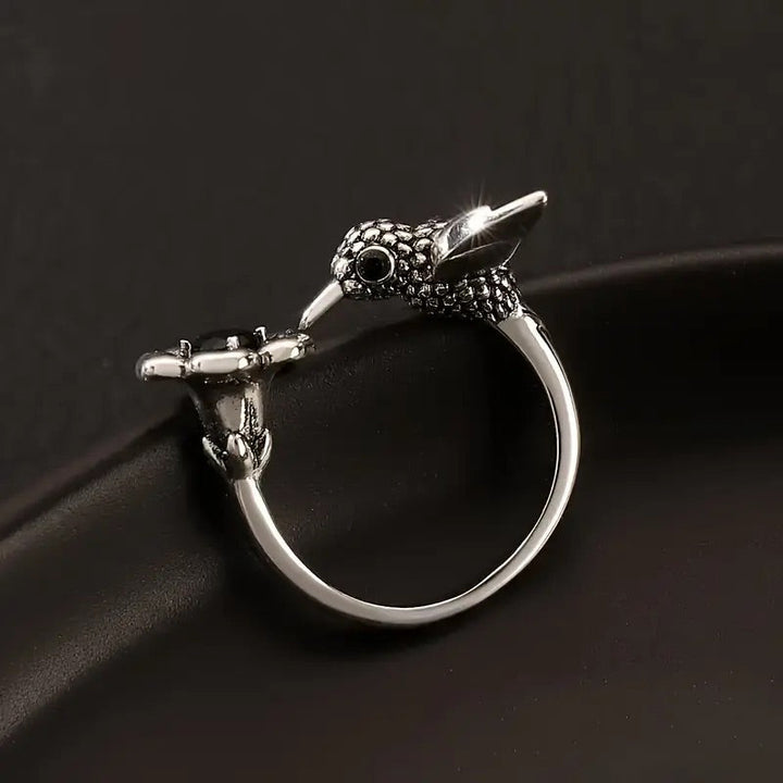 Hummingbird & Flower Ring - Adjustable Open Bird Ring for Women