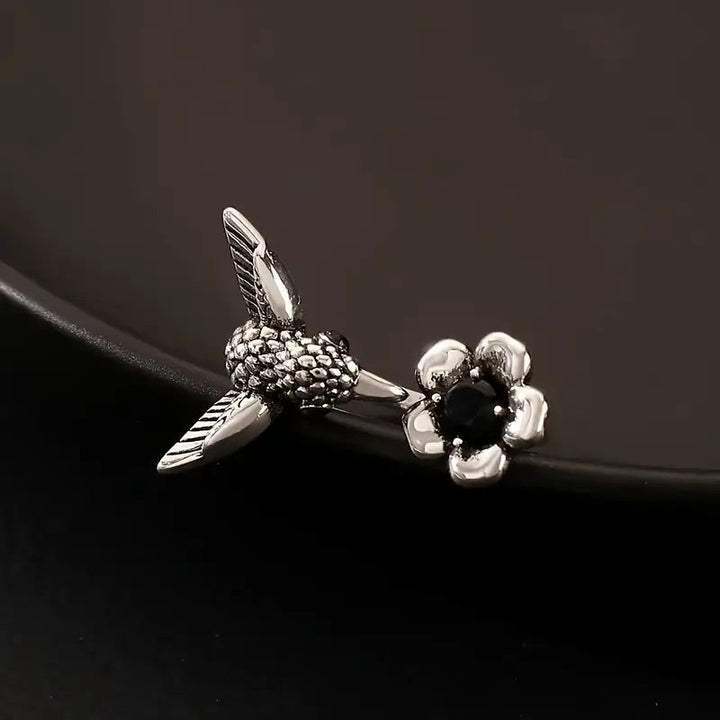 Hummingbird & Flower Ring - Adjustable Open Bird Ring for Women