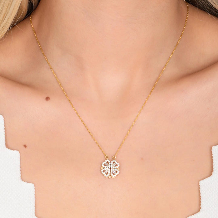 Golden Clover Necklace with Zircon Heart Pendant