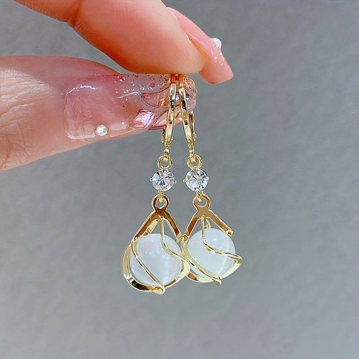 Gold Wire-Wrapped White Opal Drop Earrings
