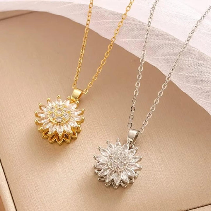 Trendy Silver Sunflower Zircon Necklace and Earrings Set