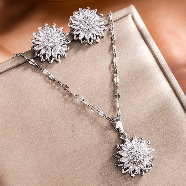 Trendy Silver Sunflower Zircon Necklace and Earrings Set