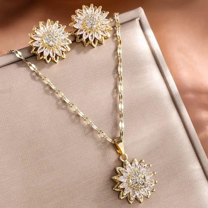 Trendy Silver Sunflower Zircon Necklace and Earrings Set